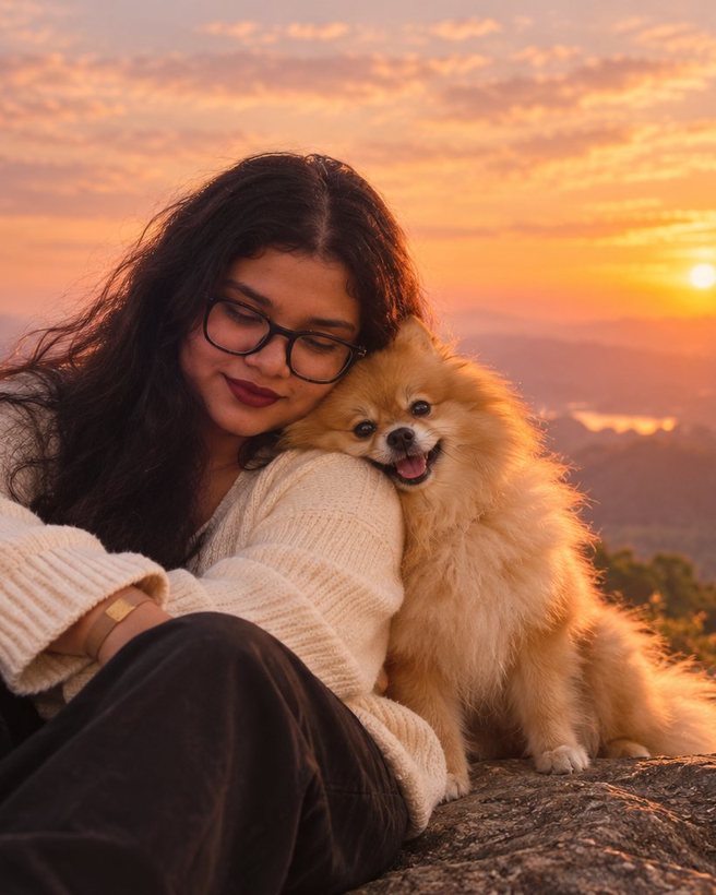 Payel hugging her dog Candy on a hilltop at sunset