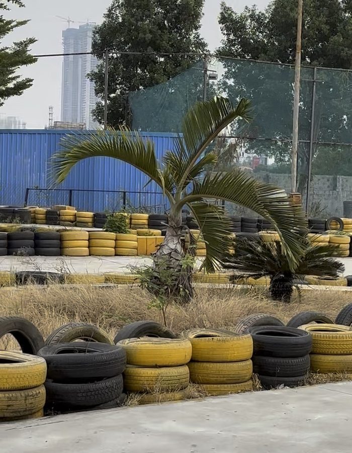 A go-kart track lined with tyres