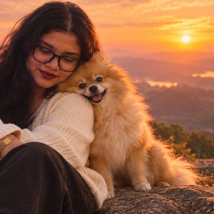 Payel hugging Candy on a hilltop at sunset
